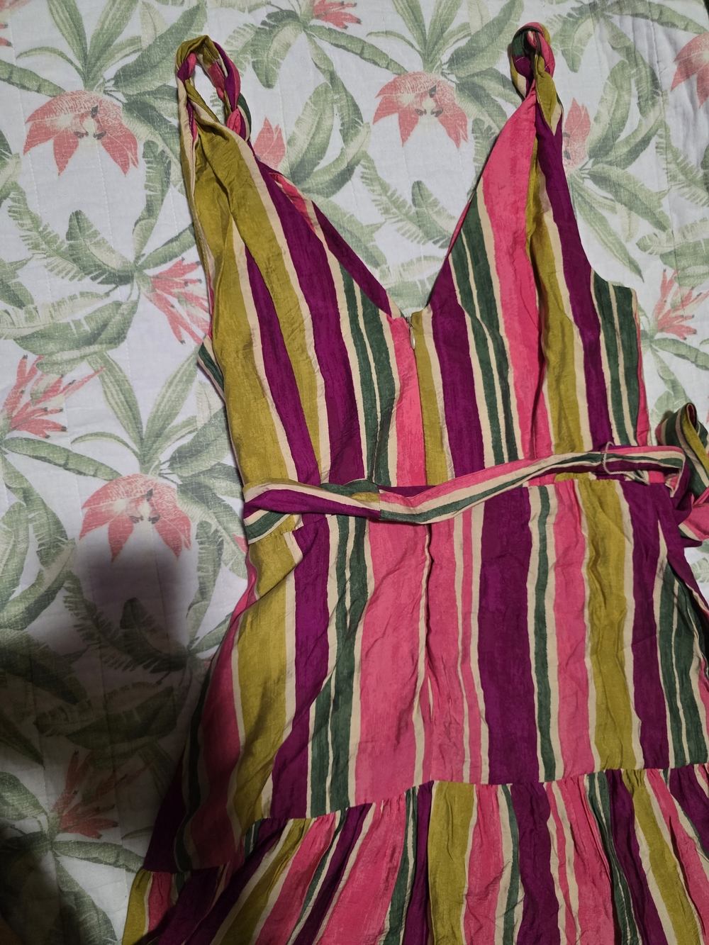 Taylor Pink, Green & Yellow Striped Tiered Maxi Dress with Waist Tie - Picture 7 of 12